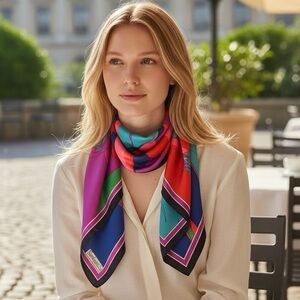 Vintage Sunkyung SA Silk scarf Vibrant Multicolor Silk Scarf 28”X 28”